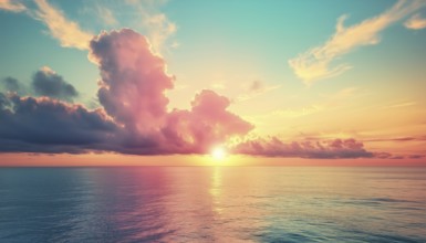 Stunning Cloud Formation Above Ocean Waters During Sunset In A Palette Of Golden, Pink, Blue, And