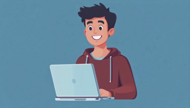 Happy Man Using Laptop With Cute Blue Graphic Elements For Web Design And Applications. Object