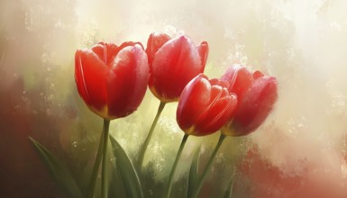 Vintage Painting Of Red Tulip Flowers With Soft And Blurry Details - Featuring A Beautiful
