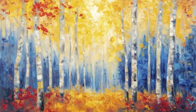 Semi-Abstract Oil Painting Of Full Autumn Trees: Vibrant Aspen Trees With Yellow And Red Leaves In