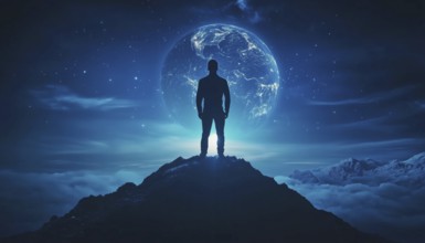 Achieving Success: Businessman'S Silhouette On Mountain Top, Leading In Competition. Standing With