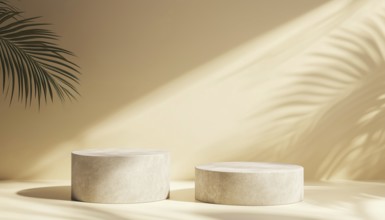 Two Exhibition Podium Stands On Pastel Beige And Grey Stone Pedestals For Premium Product Display