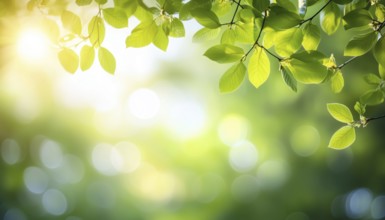 Springtime Bliss: Blurred Foliage And Sky With Bright Bokeh, Sunshine Filtering Through Green