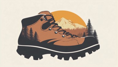 Vintage Forest Expedition Logo With Hiking Trekking Shoe, Retro Badge For Expeditions, Events, And