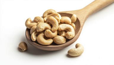 Delicious Roasted Cashew Nuts Displayed On A Wooden Spoon Against A White Background, Perfect For