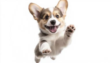 Jumping And Happy Corgi Puppy Portrait On White Background With Wide Angle View. Free Space For