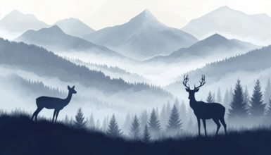 Magical Misty Landscape: Deer, Doe, And Fawn Silhouette Standing In Hill With Forest And Mountains,