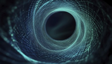 Abstract Blue Green Light Weaving Pattern In Circular Shape On Black In Technology, Science, Music,