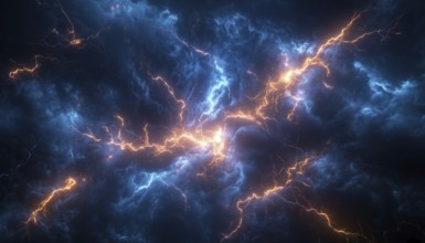 Abstract Fulmination: A Spectacle Of Lightning Discharge In The Dark. Blitz Thunderstorm Sparks And