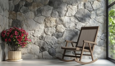 Elegant Home Decor: Grey Stone Wall With A Niche, Rocking Chair, And Flower Details For Stylish