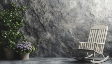Gray Stone Wall With Niche, Rocking Chair, And Flower Detail: Perfect Home Decoration For A Cozy