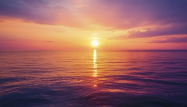 Tranquil Sunset: Inspiring Ocean Horizon With Orange, Gold, And Purple Skies Reflecting On Calm