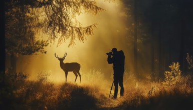 Man Photographs Deer In Forest With Silhouettes Of Trees, Animals, And Wild Landscape.Horizontal