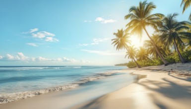 Tranquil Summer Getaway: Stunning Sun-Kissed Panoramic Beach Paradise With Palm Trees, Calm Seas,