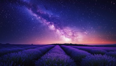 Stunning Night Landscape: Milky Way Sky Over Blooming Lavender Meadow, Captivating Spring And