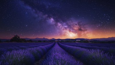 Stunning Night Landscape With Milky Way Sky Over Blooming Lavender Meadow: Artistic Spring Summer