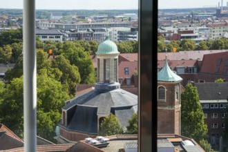 Baroque Clemenskirche church built by Johann Conrad Schlaun, aerial view from Café lounge 1648,