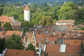 Aerial view, old town with fortified tower Buddenturm or Pulverturm, Münster, North