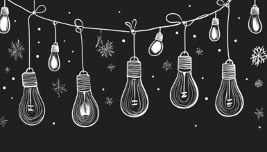 Black And White Christmas Lights String Art: Winter Holiday Garland Decoration With Light Bulb