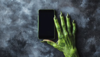 Green Monster Hand Holding Smartphone With Empty Space On Grey Background: Halloween, Tradition,