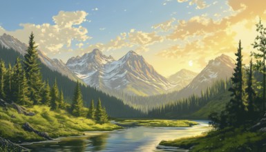 Scenic Mountain Valley Featuring Trees, Rivers, Sun, And Beautiful Landscapes: An Idyllic Natural