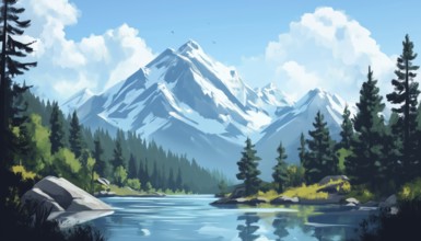 Scenic Mountain And Lake View In A4 Size Illustration. Panoramic Landscape With Mountain And Lake