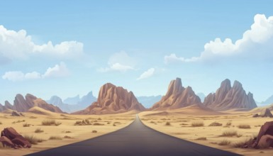 Majestic Peaks And Boulders In A Barren Desert Setting: A Desert Road Cutting Through The Vast
