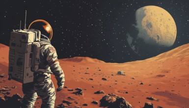 Space Scenes: Showing The Moon Landing And Mars Landing Without Using Transparency Or Gradients. A