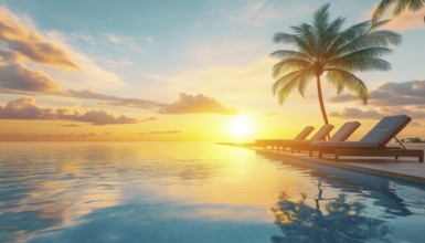 Luxurious Poolside And Sunny Sky: Stunning Tropical Beachscape With Deck Chairs, Loungers, And Palm
