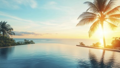 Luxurious Outdoor Infinity Pool Swimming At Beachfront Hotel Resort With Tropical Landscape And