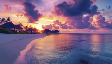Luxurious Sun Panorama In The Maldives: Resort Villas With Soft Led Lights, Twilight Sky, And