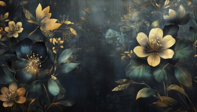 Luxurious Gold And Black Floral Wall Art With Dark Blue And Green Accents, Shiny Golden Light,