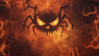 Spooky Halloween Design: Chaotic Spider Pattern, Gloomy Lighting, Pumpkin Faces, Ghosts, Mask