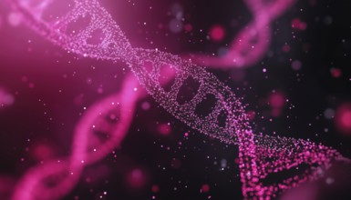 Genetics, Biotechnology, Molecular, Biology: Dna Strand And Particles Image On Pink And Black