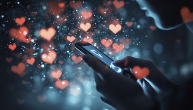 Caucasian Using Smartphone Surrounded By Multiple Floating Hearts With Increasing Numbers In A