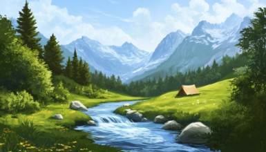 Scenic River Stream Meandering Through Mountain Landscape With Charming Campsite On Vibrant Green