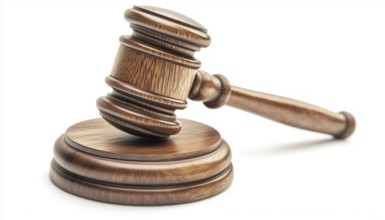 Wooden Auction Hammer With Stand For Legal Use And Adjudication In White Background. Symbol Of Law,