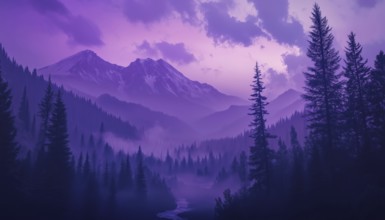 Exploring The Beauty Of Violet Skies And The Sprawling Mountain Landscapes With Lush Trees And