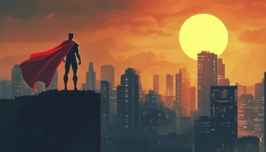 Superhero Keeping Watch Over City With No Transparency And Utilizing Simple Ar Gradients. A