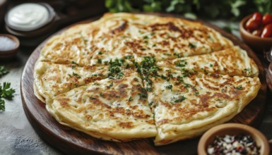 Authentic Turkish Cuisine: Crispy Gozleme With Cheese And Herbs, A Traditional Turkish Pancake