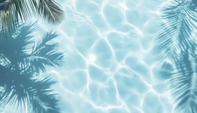 Top View Of A Tropical Summer Mockup With Aqua Waves, Palm Shadows, And Blue Water Pool For A