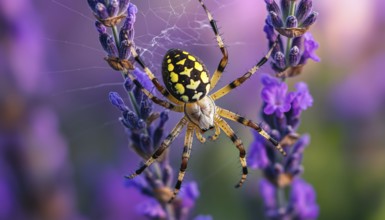 Close-Up Of Yellow And Black Orb Spider, Also Known As Argiope Bruennichi, Captured On Lavender