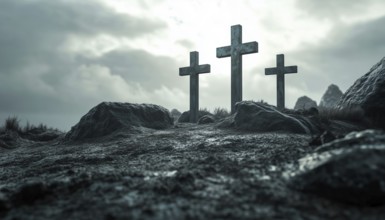 Three Crosses On A Gray Background Representing Calvary. The Crosses Are Illuminated By Light, With