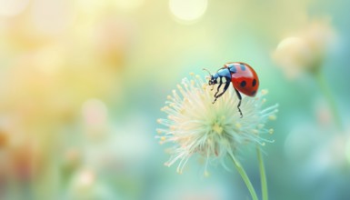 Gorgeous Ladybug Perched On Unique Fluffy Flower Plant In Natural Summer Spring Setting: Stunning