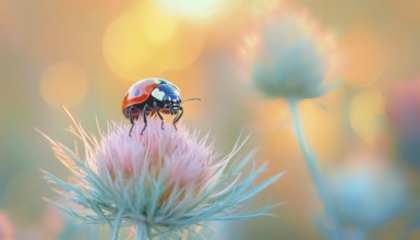 Ladybug Perched On Stunning Fluffy Unique Flower Plant In Summer Spring Nature Macro: Soft Focus,