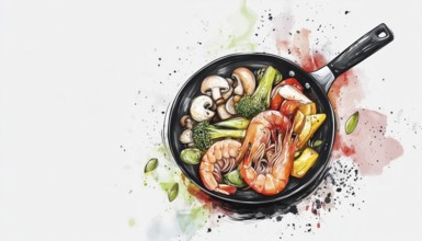 Hand Drawn Wok Pan With Plate Of Vegetables, Mushrooms, And Seafood. Clipart Of Frying Pan With
