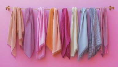 Variety Of Hanging Scarves Stylishly Displayed On A Pink Wall. Unique Ways To Decorate Using