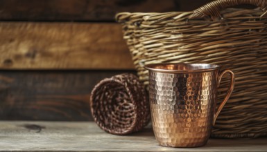 Antique Copper Cup And Basket Displayed In Empty Setting: A Vintage Display Of Elegance And Charm