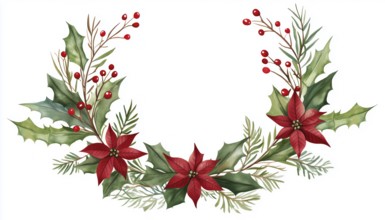 Festive Christmas Wreath Border Featuring Branches, Leaves, Flowers, And Red & Green Pointia. Ideal