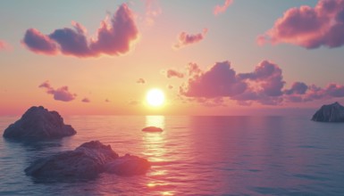 Sun Or Sunrise In Ocean: A Natural Landscape With Pink Clouds Flying In The Sky Towards The Shining